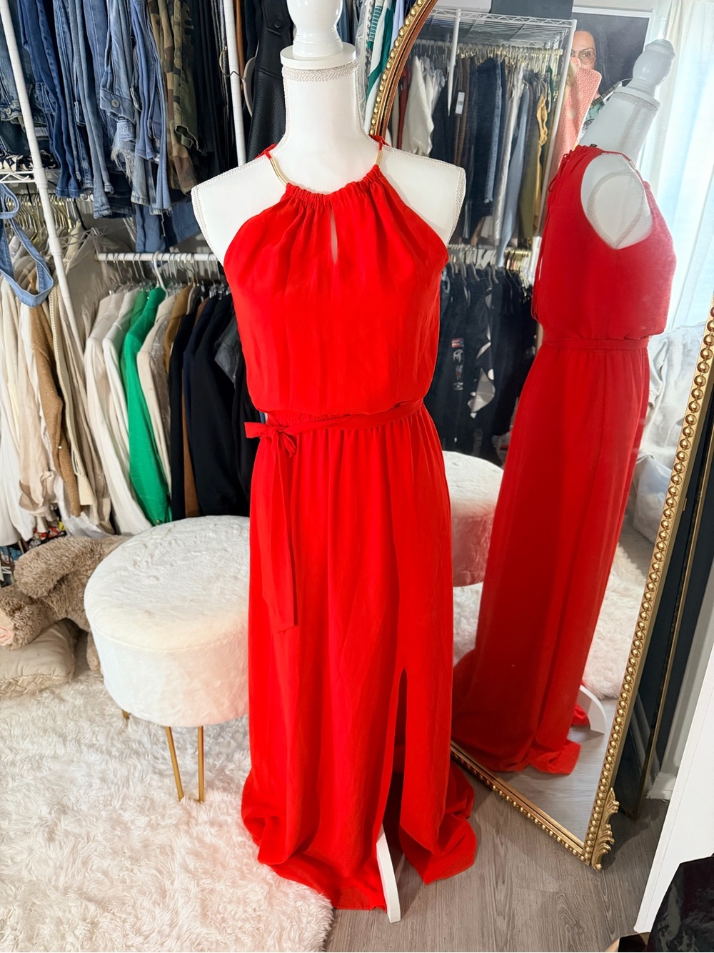 Gianni Bini Vibrant Red Halter Maxi Dress with Waist Tie